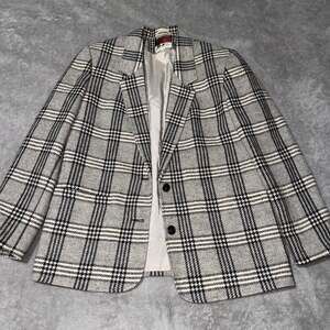 Vintage Harrington Square Grey and Black Wool Blend Plaid Blazer Jacket